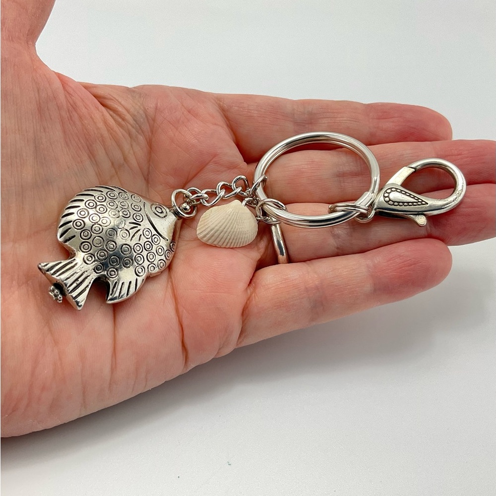 Silver Fish Keychain with Sea Shell Charm, Purse Charm, Key Ring, Fish #1 - Picture 4 of 6